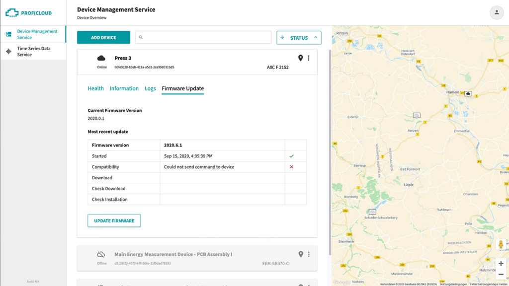 In the firmware tab of the Device Management Service of Proficloud.io the user has the possibility to start a firmware update remotely. By developing a secure firmware update process, the user can be sure that his device will continue to function properly after the update.