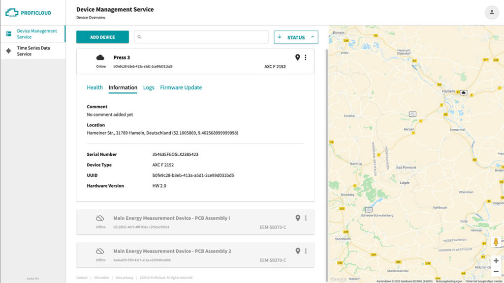 The Information tab of the device shows static information sent from the device to the cloud as well as information created by the user.