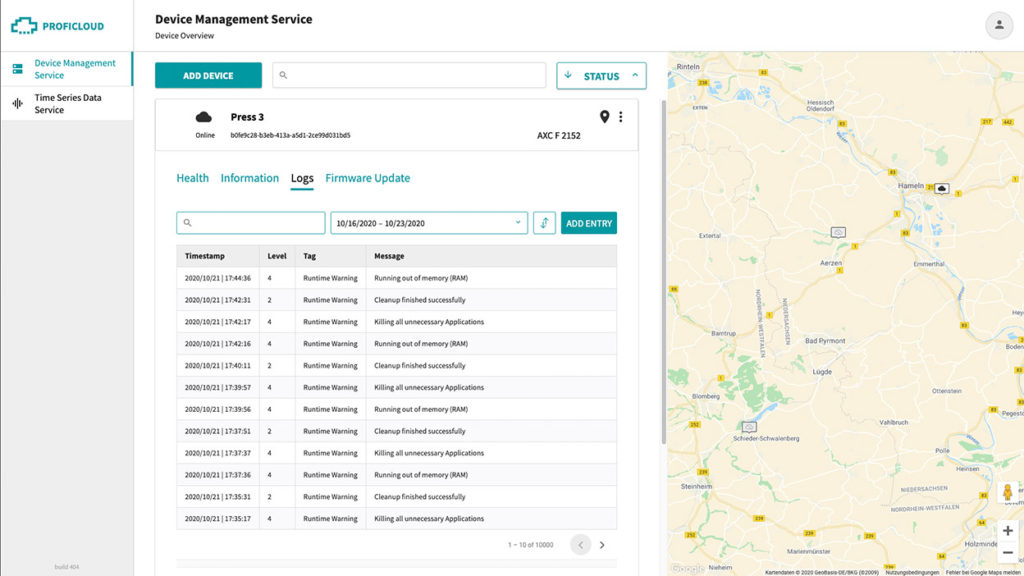 In the Log Tab of the Device Management Service of Proficloud.io, the user has the possibility to view the device logs directly in the cloud. This simplifies function control and debugging.